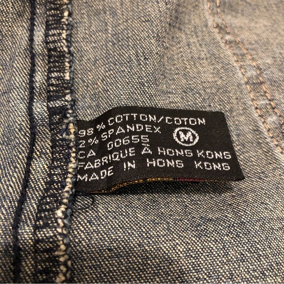 Contrast BLUE jean jacket long  button front SZ M vintage EUC pockets - Picture 6 of 7